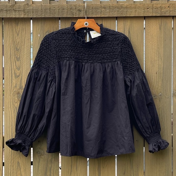 Anthropologie Maeve Pin Tuck Smocked Peasant Blouse Black - Picture 2 of 5